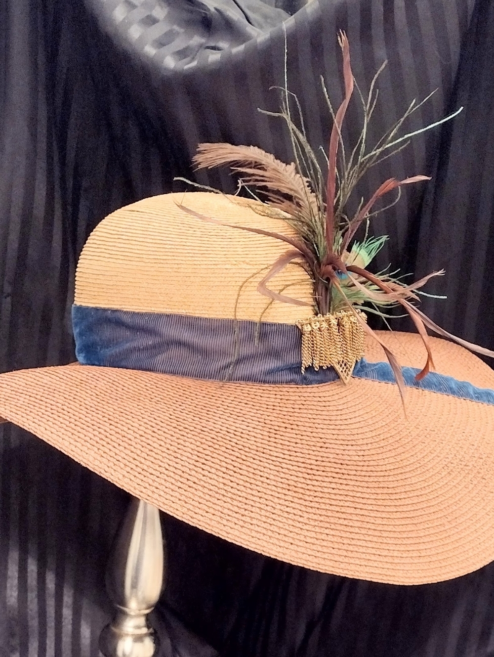 Women's Designer Sun Hat Vintage Erte' Era Wide Brim, Feathers, Multicolored